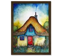 The Thatched Cottage Folk Art Artwork Framed Wall Art Print A4 Artery8 Brown One Size