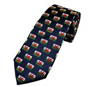The Tie Studio Men's Welsh Dragon Novelty Tie, Navy, Polyester | Navy polyester tie with repeating Welsh flag and red dragon motifs. A smart gift for proud Welshmen and Wales supporters.