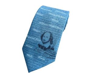 The Tie Studio Shakespeare Novelty Tie - Men’s Necktie with Large Shakespeare Print - Blue or Beige (Blue)
