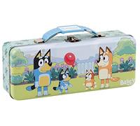 The Tin Box Company Bluey Pencil Box with Handle Clasp & Hinge, Model: 479407-12, Pencil Box with Handle, 8-3/8 x 3-3/8 x 2-1/4"D with hinge and clasp