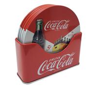 The Tin Box Company Coke 6 pc Coaster Set with Standing Metal Holder, Red
