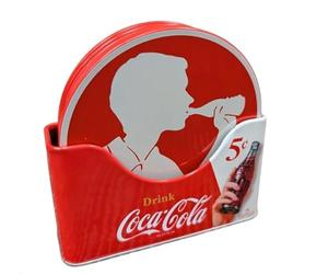 The Tin Box Company Coke 6 pc Coaster Set with Standing Metal Holder, Red