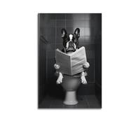 The Toilet Murals, Black Walls, Dogs Sitting on The Toilet And Watching Newspapers, Abstract Painting, Modern Bathroom Art Works Poster Decorative Painting Canvas Wall Posters And Art Picture Print Mo