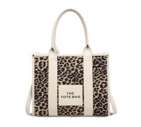 THE TOTE BAG Leopard Print Canvas Handbag, Black Leather Trim, Designer Shopping Tote with Shoulder Straps (Beige)