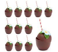 THE TWIDDLERS 12 Reusable Plastic Coconut Cups with Flowers for Decoration & Paper Straws - Cocktail Glasses for Garden, Pool & Beach Parties - Tiki Bar, Hawaiian-Themed Luau Party, Tropical Wedding
