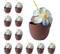 THE TWIDDLERS 24 Reusable Plastic Coconut Cups with Flowers for Decoration & Paper Straws - Garden, Pool & Beach Parties - Tiki Bar, Hawaiian-Themed Luau Party, Tropical Wedding