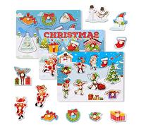 The Twiddlers - 3 Wooden Christmas Peg Puzzles for Kids in Cute Santa Reindeer Elf Xmas Tree Festive Designs Childrens Party Gift Toy - 30cm x 22cm