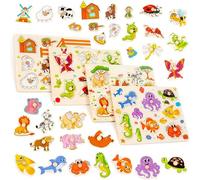 THE TWIDDLERS 4 Bright Wooden Puzzles Age 3+ for Kids, Childrens Animal Peg Board, Perfect Jigsaw Puzzles for Birthdays, School Early Education, Christmas Stocking Fillers