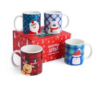THE TWIDDLERS 4 Pack Christmas Mugs in Gift Box, 340ml Fine Porcelain Hot Chocolate Cups, Assorted Santa, Penguin & Reindeer Designs, Festive Tableware for Secret Santa & Christmas Eve Boxes