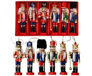 THE TWIDDLERS 6 Wooden Chrismas Nutcracker Soldier Ornaments, 13cm / 5" - Tree Hanging Nutcracker Christmas Decorations in Festive Xmas Designs, Mini Christmas Tree Decorations