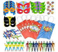 THE TWIDDLERS - 60 Piece Superhero Pre-Filled Party Bags, Hero Themed Gift Toy Loot Bags with Action Figures, Masks, Tattoo Stickers for Kids Birthday