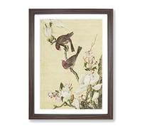 The Two Birds By Lang Shining Asian Japanese Framed Print | A4 Walnut Framed Wall Art | Ready to Hang | Asian Nature Picture | Living Room Bedroom Lounge Office