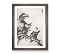The Two Eagles By Bada Shanren Asian Japanese Framed Print | A2 Walnut Framed Wall Art | Ready to Hang | Asian Animal Picture | Living Room Bedroom Lounge Office