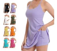 The Ultimate Tummy Control Backless Active Dress -Made for Movement & Easy Bathroom Breaks, Workout Dress with Shorts (Purple,XL)