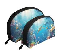 The Underwater World of Coral Reefs, Sharks and Parrot Fish Printed Makeup Bags 2-Piece Portable Shell Travel Toiletry Bag