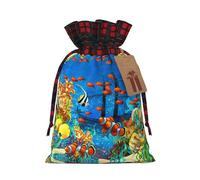 The Underwater World Tropical Fish Print Festive Plaid Gift Bag, Candy Bag, Drawstring Burlap Pouch For Holiday Presents Favor-M