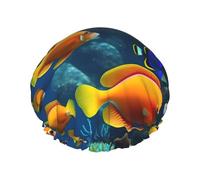 The Underwater World Tropical Fish Print Shower Cap Elastic Band Double Layer Waterproof Shower Cap for Women Men Kids