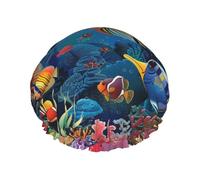 The Underwater World Tropical Fish Print Shower Cap for Women Men, Reusable Double-Layer Fabric Bathing Cap Girls Hair Caps, 27 CM