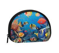 The Underwater World Tropical Fish Printed Mini Coin Pouch, Shell Shape Zip Around Wallet, Small Zipper Pouch for Cash, Cards, Keys, Lipstick, Storage Pouch, Travel Organizer
