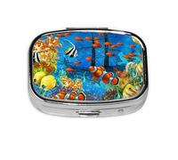 (The Underwater World Tropical Fish) Square Pill Box with 2 Compartment Small Pill Organizer Portable Pill Case Vitamin Containers, Travel Essentials 5.5x4x1.8 cm