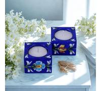 THE Unltd India 2 Pack Blue & White Ceramic Tea Light Candle Holders, Handpainted Floral Square Votive Holders for Home Decor, Wedding, Holiday & Christmas Party Table Centrepiece