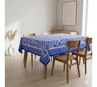THE Unltd India 59x59 Inches Square Hand Block Printed Cotton Tablecloth, Blue Floral Table cloths Washable, Indian Table Linen For Valentine's Thanksgiving Gifts Home Decor Dining Outdoor