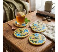 THE Unltd India Blue Pottery Ceramic Coasters - Set of 4 Hand-Painted Drink Mats, Floral Design, Handmade Tableware for Dining, Coffee Tables, Home Decor- Unique Gift (Mustard)