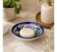 THE Unltd India Blue Pottery Ceramic Soap Dish - Handmade Bathroom Accessory with Drain Holes, Artisan Crafted, Traditional Indian Floral Design - Unique Gift (Light Beige)