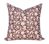 THE Unltd India Dark Brown Indian Floral Cushion Cover | 55x55 cm Square Throw Pillow Case | Hand Block Printed Duck Canvas | Handcrafted Summer Decor for Sofa & Bed