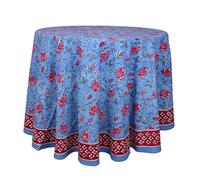 THE Unltd India French Blue 100% Cotton Spring Summer Round Tablecloth, Block Print Table Cloth for Dining, Weddings, Outdoors, Parties, Grand Millenial Home 72" Inches 6 Seater