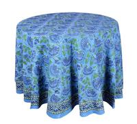 THE Unltd India Light Navy Blue Cotton Round Tablecloth, 180cm (72") - Hand Block Print Floral Design Cotton 6-Seater Circular Table Cover for Dining - Housewarming Gift
