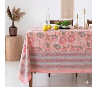 THE Unltd India Lotus Pink 100% Cotton Square Tablecloth, Block Print Summer Floral Dining Table Cloth, 59 x 59 Inches, 4 Seater for Dining & Home Decor - Housewarming Gift for New Home