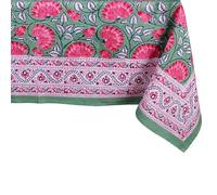 THE Unltd India Pink and Green 100% Cotton Rectangle Square Tablecloth, Block Print Floral Table Cloth for Dining Table, Parties, Wedding, Outdoors I Grand Buffet Decor 60 X 90 Inches 8 Seater