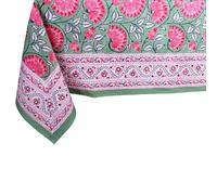 THE Unltd India Pink & Green 100% Cotton Rectangle Tablecloth, Block Print Summer Floral Dining Table Cloth, 60 x 90 Inches, 8 Seater for Parties & Dining - Wedding gift