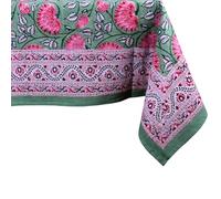 THE Unltd India Pink & Green 100% Cotton Square Tablecloth, Block Print Summer Floral Dining Table Cloth, 59 x 59 Inches, 4 Seater for Dining & Decor - Housewarming Gift for New Home