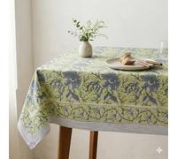 THE Unltd India Pistachio Green Cotton Rectangle Tablecloth, 150x225cm (60x90) - Hand Block Print Floral Design Cotton 6-8 Seater Table Cover for Dining, Parties - Home Decor Gift