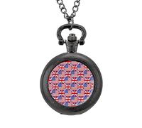 The USA and United Kingdom Flag Vintage Pocket Watch Alloy Pendant Watches Necklace Gift for Men Women Black-Style