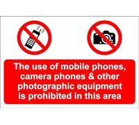 The use of Mobile Phones, Camera Phones & Other Photographic equimpent is Prohibited in This Area Sign - Self Adhesive Vinyl 300 x 200mm Case (Pack of 5)