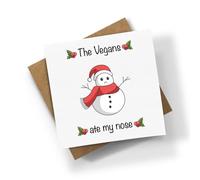 The Vegans Ate My Nose Square Card - Novelty Funny Joke Quote Snowman Vegan Christmas Xmas Greetings Personalised/Blank Message White Card Kraft Envelope (Blank Message Prime)