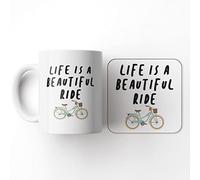 The Victorian Printing Co - Life is A Beautiful Ride - Funny Cycling Birthday Gift Mug and Coaster Set, Ceramic, 11 fl. oz.