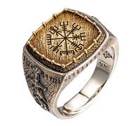 The Viking Compass Vegvisir Ring for Men Two Tone 925 Sterling Silver Runes Dragon Sword Ring Norse Jewellery Size V 1/2 Adjustable
