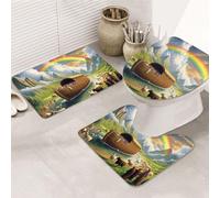 The Vivid Noah'S Ark Print 3 Piece Bathroom Rugs Set, Bath Mat + Contour Mat + Toilet Seat Cover, Machine Washable Non-Slip Soft Microfiber Bathmat For Tub Shower Room Decor