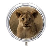 The Waiting Lion Cub Pill Box 3 Compartment Travel Pill Organizer 3 Times A Day Cute Mini Pill Case for Purse & Pocket Portable Metal Medicine Box with Mirror Round Daily Medicine Vitamin Container