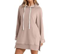The Warmy Oversized Hoodie,Casual Oversized Hoodie Dress For Women,Pullover Long Sweatshirt Split Hem With Pockets (Khaki, M)
