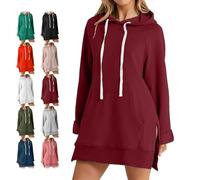 The Warmy Oversized Hoodie Dress, First Ones Oversized Hoodies, Women's Casual Pullover Long Sleeve Split Hem with Pocket (Wine red,S)