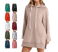 The Warmy Oversized Hoodie Dress, First Ones Oversized Hoodies, Women's Casual Pullover Long Sleeve Split Hem with Pocket (Khaki,L)