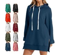 The Warmy Oversized Hoodie Dress, First Ones Oversized Hoodies, Women's Casual Pullover Long Sleeve Split Hem with Pocket (Navy blue,S)