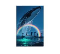 The Water Column Sprayed by A Humpback Whale Turns Into A Rainbow Bridge, with Umbrella-carrying Figures Standing on It, Sea Surface Glowing with Phosphorescence Wall Art Mural Modern Decoration Hangi