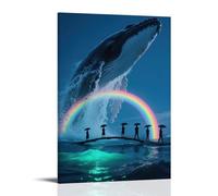 The Water Column Sprayed by A Humpback Whale Turns Into A Rainbow Bridge, with Umbrella-carrying Figures Standing on It, Sea Surface Glowing with Phosphorescence Wall Art Mural Modern Decoration Hangi