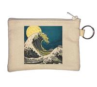 The Wave and Moon Tsunami Art Japan Key Chain Coin Purse Beige